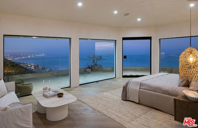 bedroom with a water view, two closets, and light hardwood / wood-style floors