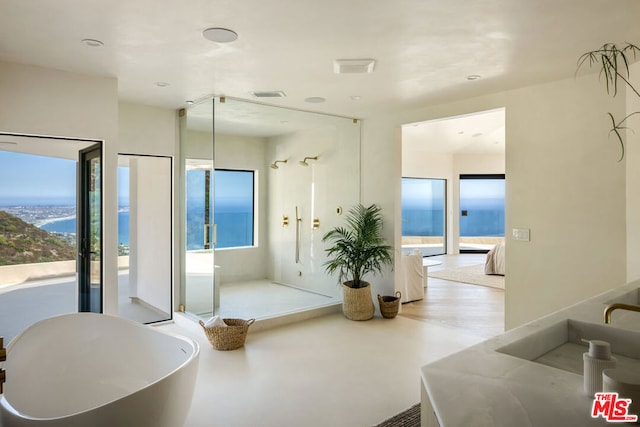 bathroom with sink, a bathing tub, and a water view