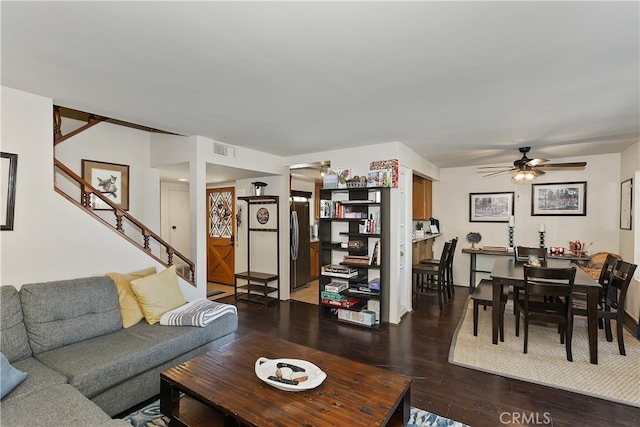 28050 State Highway 189 Unit 212, Lake Arrowhead, CA 92352 - living area with dark wood-style flooring, ceiling fan, and stairs