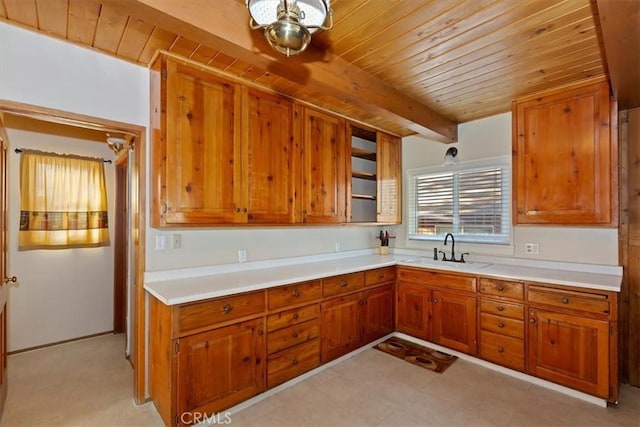 kitchen featuring beamed ceiling, wood ceiling, and sink