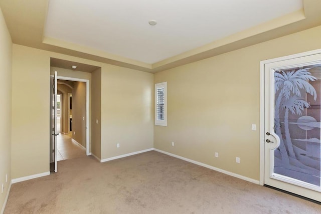 unfurnished room with a raised ceiling and light carpet