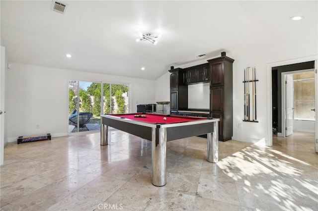 game room featuring lofted ceiling and pool table