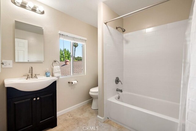 full bathroom with tile patterned flooring, vanity, shower / bathtub combination with curtain, and toilet