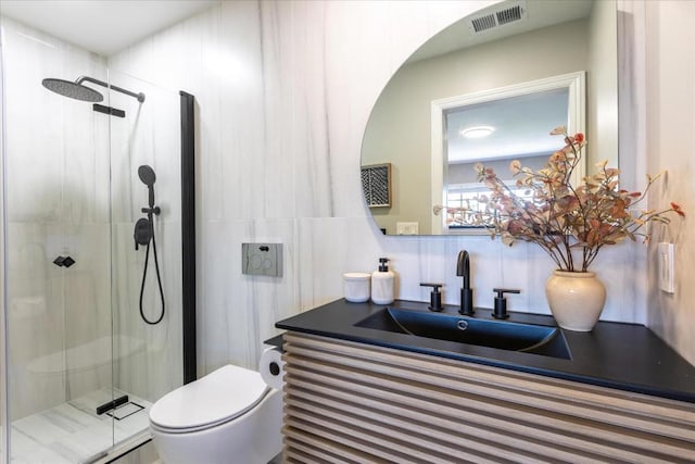 bathroom with walk in shower, vanity, toilet, and backsplash