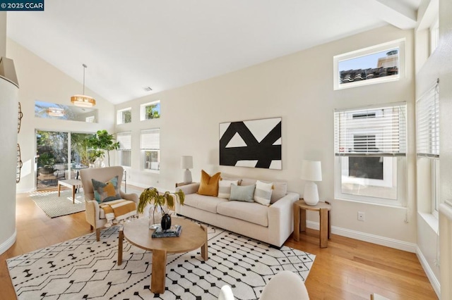 living room featuring high vaulted ceiling and light hardwood / wood-style flooring