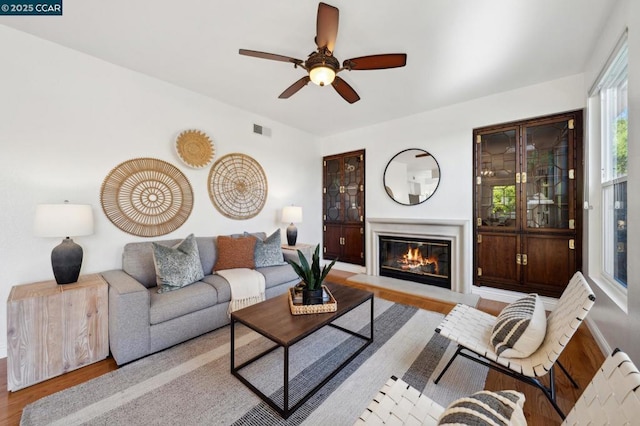 living room featuring ceiling fan and light hardwood / wood-style floors