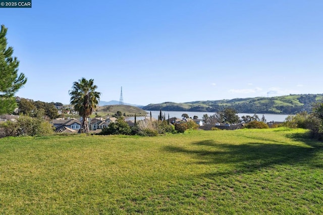 view of yard featuring a water and mountain view