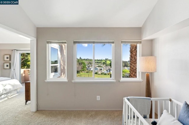 carpeted bedroom with lofted ceiling