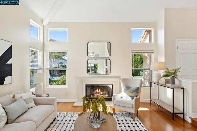 living room with beam ceiling, wood-type flooring, high vaulted ceiling, and a healthy amount of sunlight