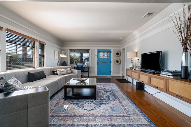 living room with dark wood-type flooring