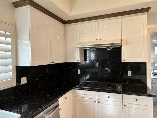 kitchen featuring white cabinets, black gas stovetop, stainless steel dishwasher, and backsplash