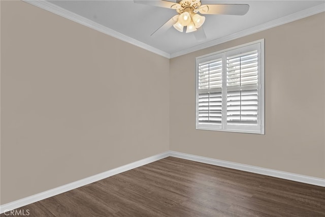 spare room with crown molding, dark hardwood / wood-style floors, and ceiling fan