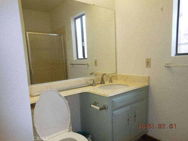 bathroom with a healthy amount of sunlight, toilet, an enclosed shower, and vanity