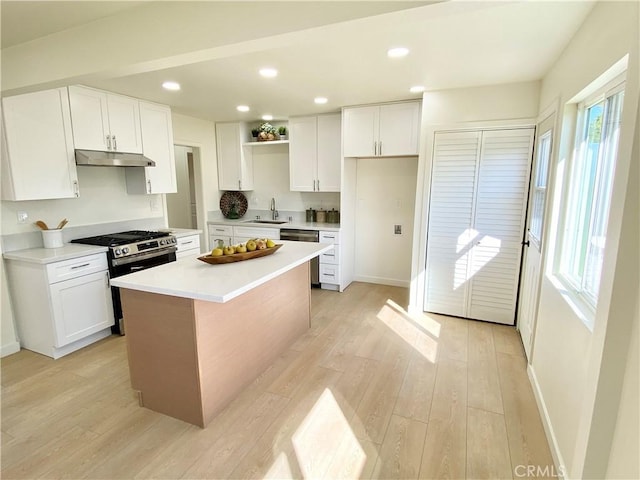 kitchen with under cabinet range hood, stainless steel appliances, a kitchen island, white cabinetry, and light countertops