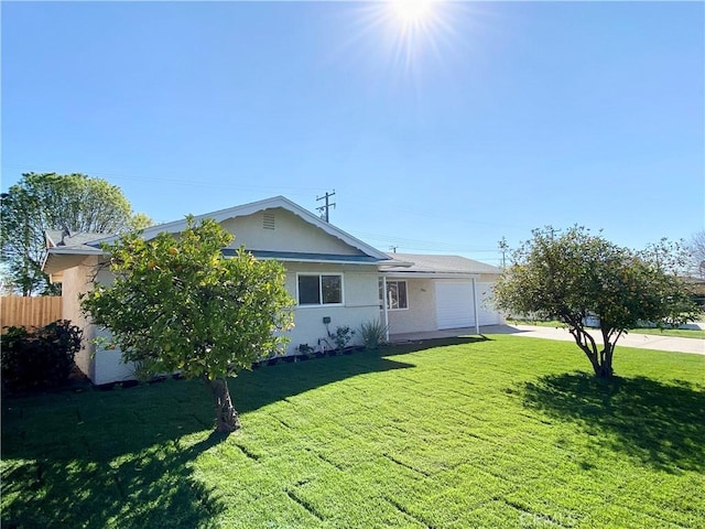 ranch-style house with concrete driveway, an attached garage, fence, a front lawn, and stucco siding