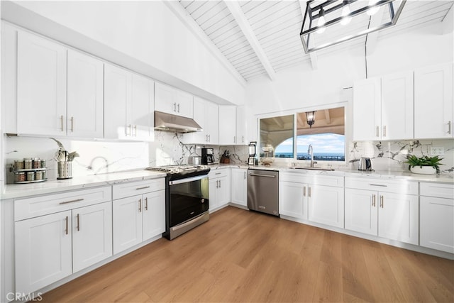 kitchen featuring beamed ceiling, backsplash, white cabinets, light hardwood / wood-style floors, and stainless steel appliances