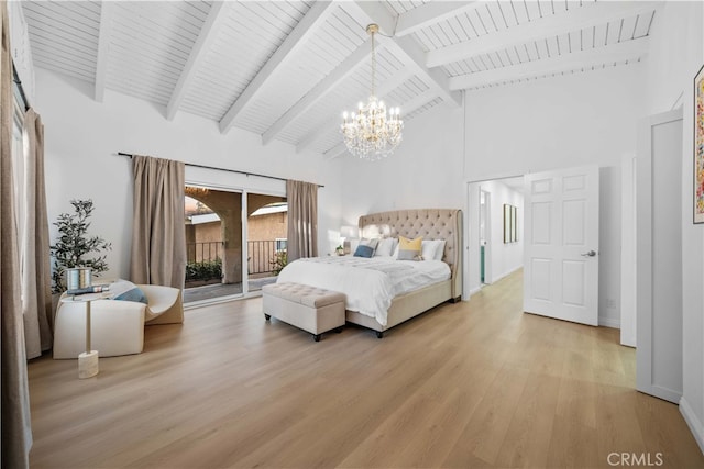 bedroom featuring high vaulted ceiling, access to outside, wooden ceiling, beam ceiling, and light hardwood / wood-style flooring