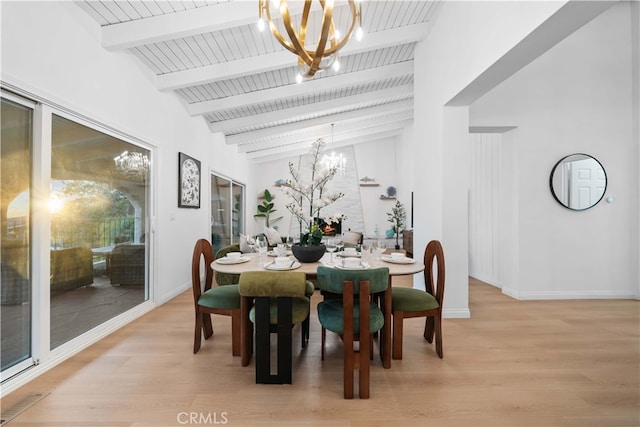 dining room featuring wood ceiling, lofted ceiling with beams, light hardwood / wood-style floors, and a chandelier