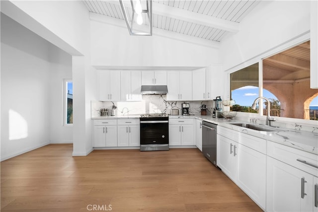 kitchen featuring white cabinetry, sink, backsplash, stainless steel appliances, and light stone countertops