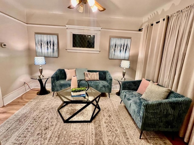 living room with ceiling fan and hardwood / wood-style floors