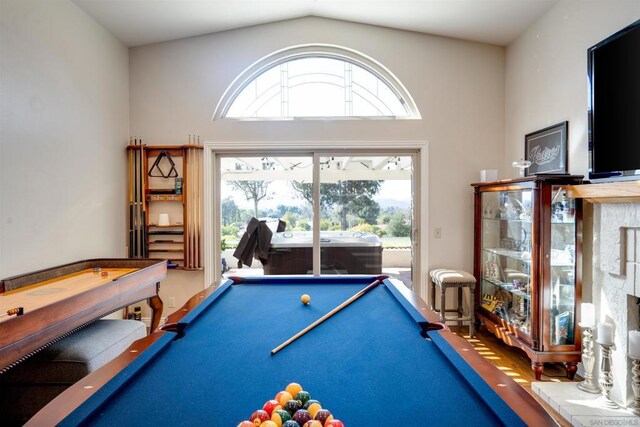 playroom featuring billiards and lofted ceiling