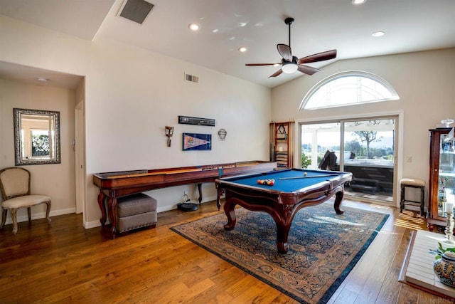 game room featuring vaulted ceiling, hardwood / wood-style floors, ceiling fan, and pool table