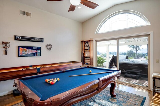 playroom with vaulted ceiling, ceiling fan, pool table, and hardwood / wood-style floors