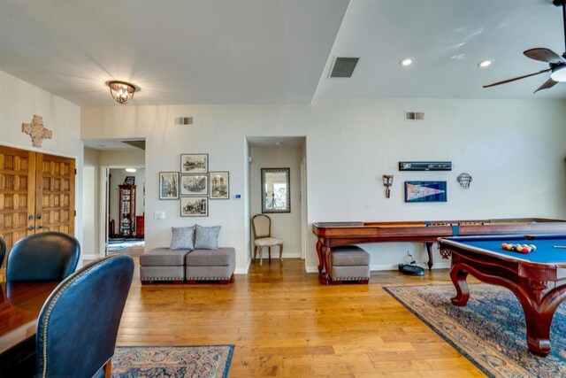 recreation room with billiards, light hardwood / wood-style floors, and ceiling fan