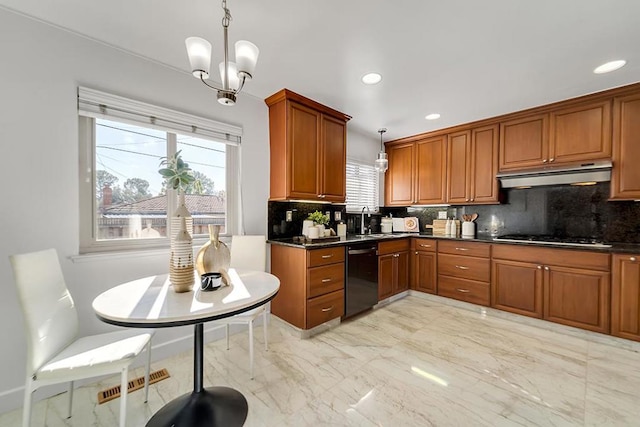 kitchen with hanging light fixtures, plenty of natural light, black dishwasher, and gas cooktop