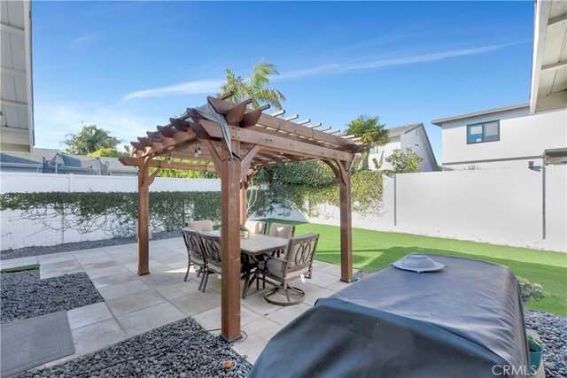 view of patio / terrace featuring a water view, a grill, and a pergola