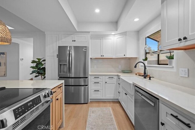 kitchen with white cabinetry, light hardwood / wood-style flooring, and appliances with stainless steel finishes