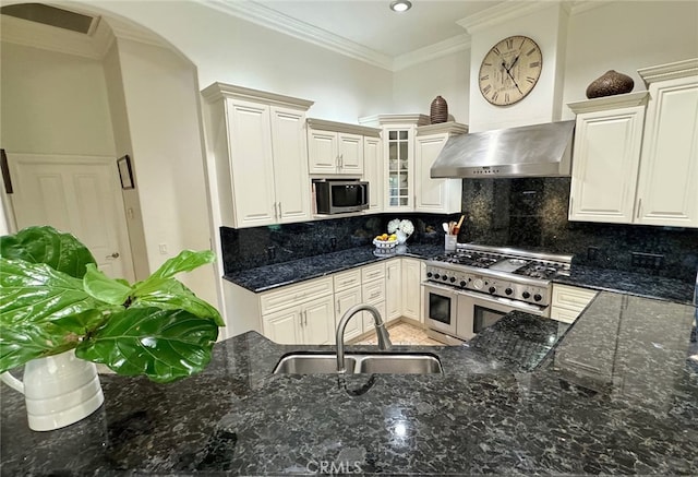 kitchen with tasteful backsplash, stainless steel appliances, sink, and dark stone countertops