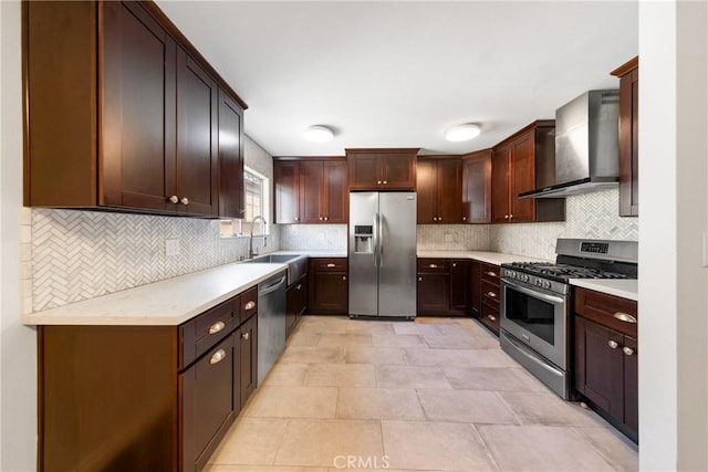 kitchen with tasteful backsplash, stainless steel appliances, sink, and wall chimney range hood