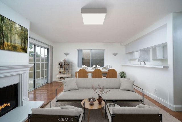 living room with sink, hardwood / wood-style floors, and a skylight