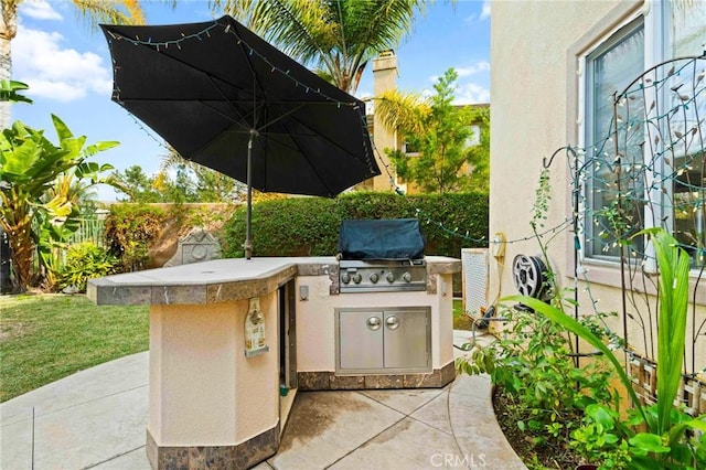 view of patio featuring exterior kitchen and a grill