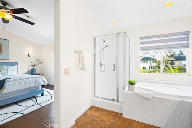 bathroom with walk in shower, ceiling fan, and crown molding