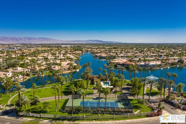 bird's eye view featuring a water and mountain view