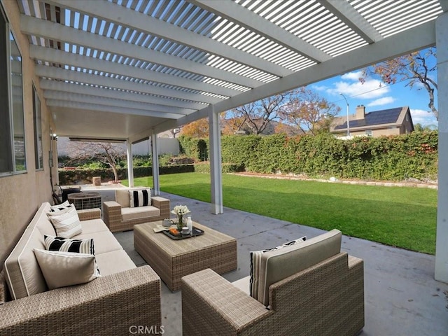 view of patio featuring an outdoor living space and a pergola