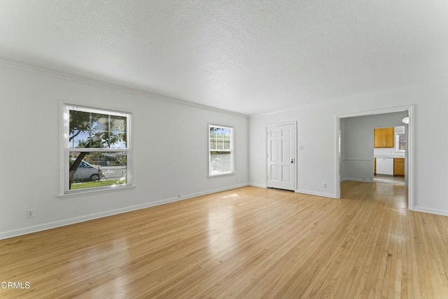 interior space with light wood finished floors, baseboards, and a textured ceiling