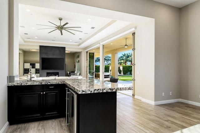 kitchen with light hardwood / wood-style flooring, light stone countertops, and a raised ceiling