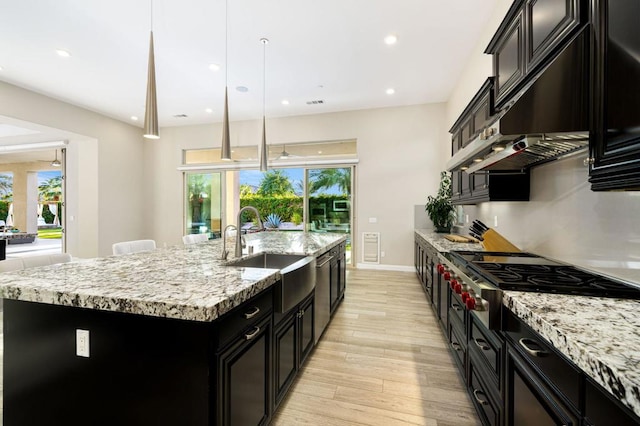 kitchen featuring appliances with stainless steel finishes, sink, hanging light fixtures, light stone counters, and a center island with sink