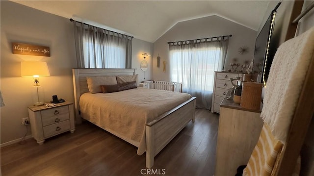 bedroom featuring lofted ceiling and dark hardwood / wood-style floors