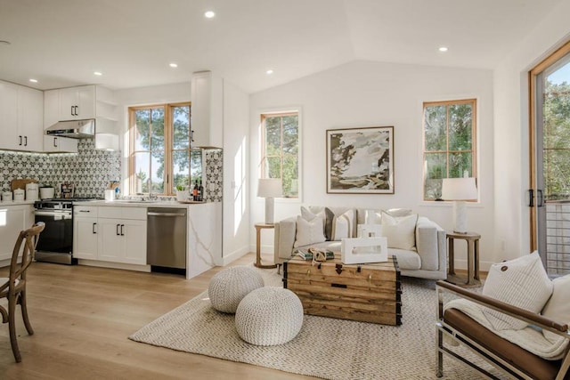 living room with lofted ceiling and light wood-type flooring