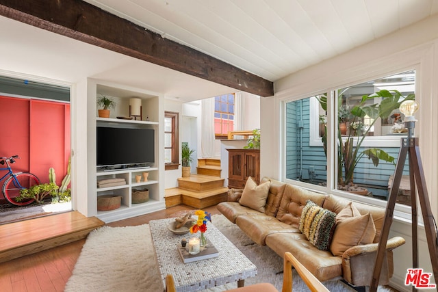 living room with hardwood / wood-style flooring, plenty of natural light, and beam ceiling