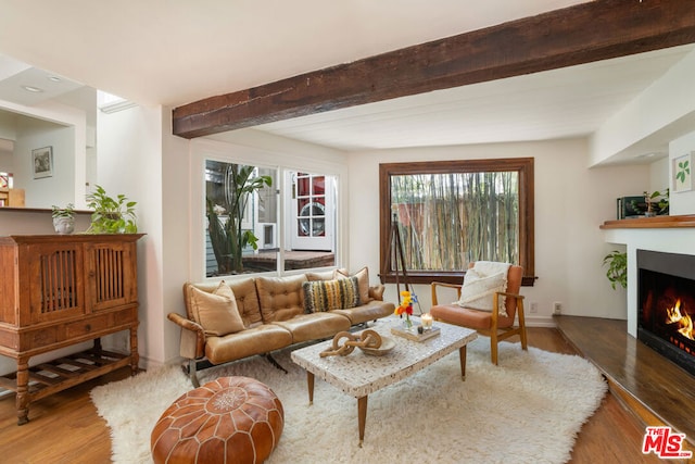 living room featuring beamed ceiling and wood-type flooring