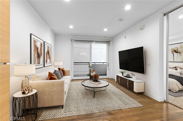 living room featuring hardwood / wood-style flooring and a baseboard heating unit