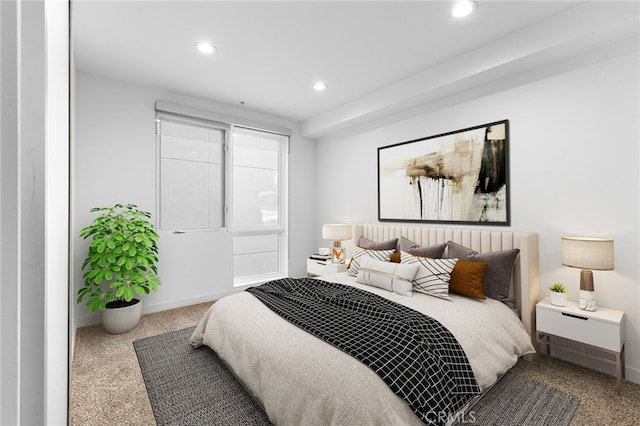 carpeted bedroom with recessed lighting and baseboards