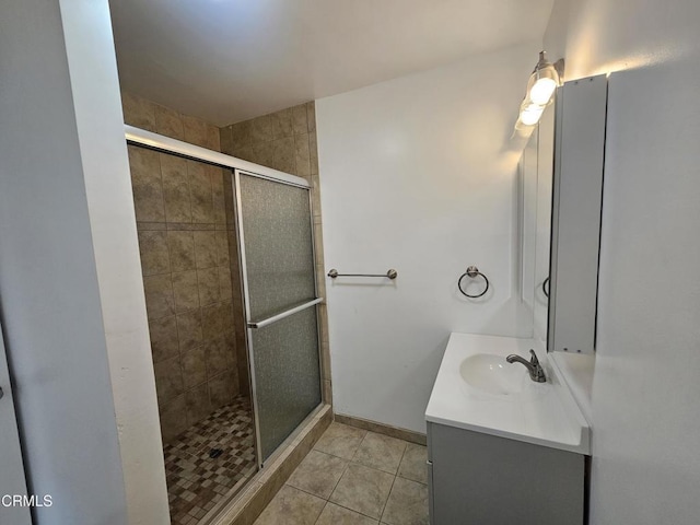 bathroom featuring vanity, tile patterned floors, and walk in shower