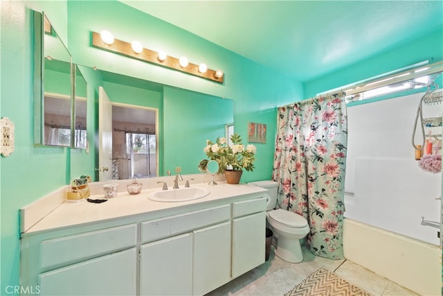 full bathroom with vanity, tile patterned floors, shower / bath combination with curtain, and toilet