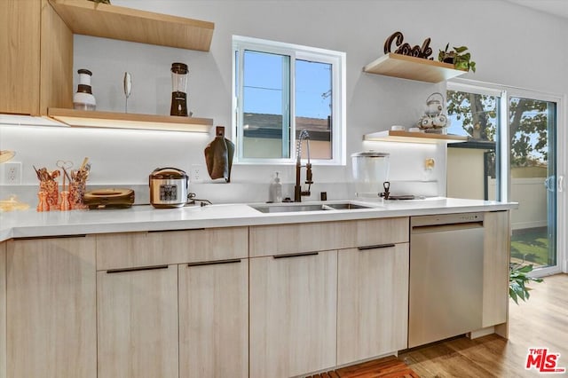 kitchen featuring plenty of natural light, sink, stainless steel dishwasher, and light brown cabinets